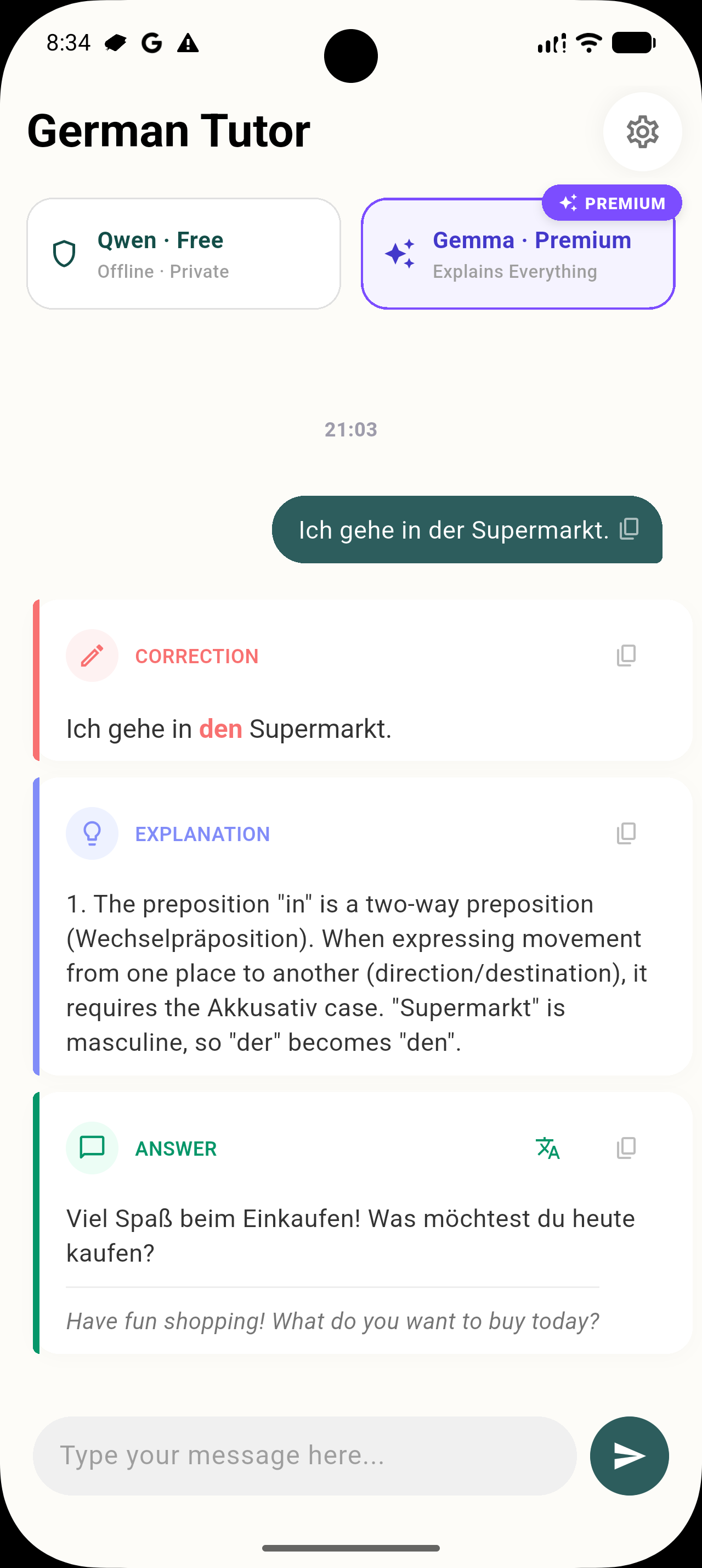 German Tutor correcting Ich gehe in der Supermarkt to Ich gehe in den Supermarkt, with an explanation and follow-up question